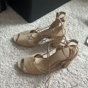 Elegant Tan Ankle Strap Sandals. Wrap around strap